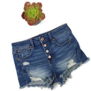 American Eagle Medium Wash Stretch Button Fly High Rise Shortie Shorts Womens 4